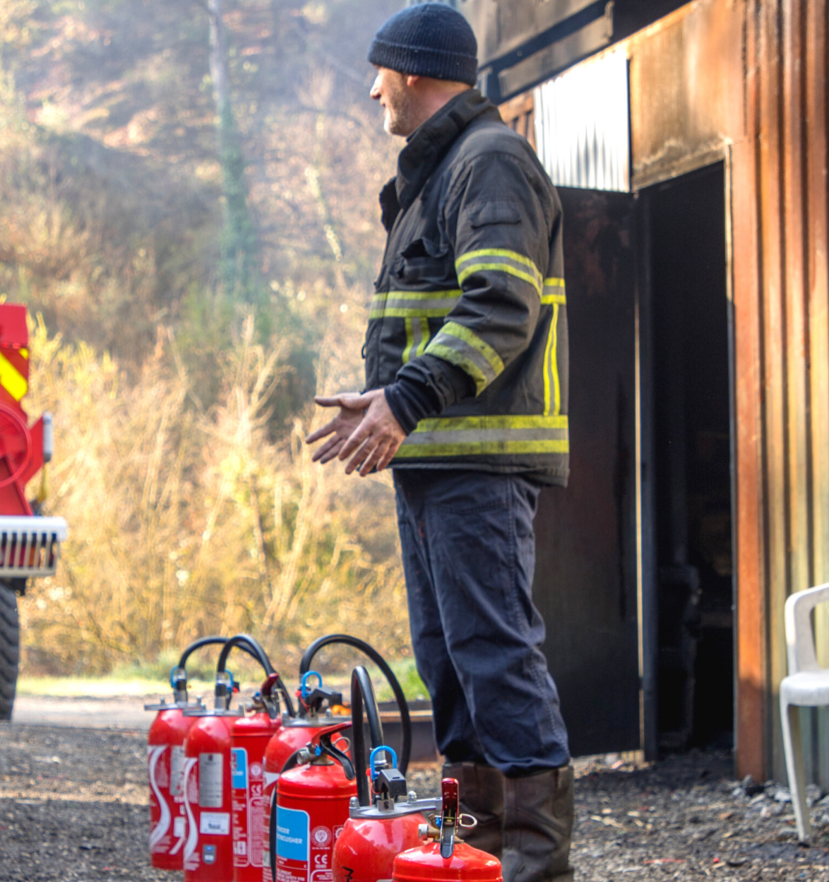 Image of Ged with all the extinguishers at the fire ground of Seascope France