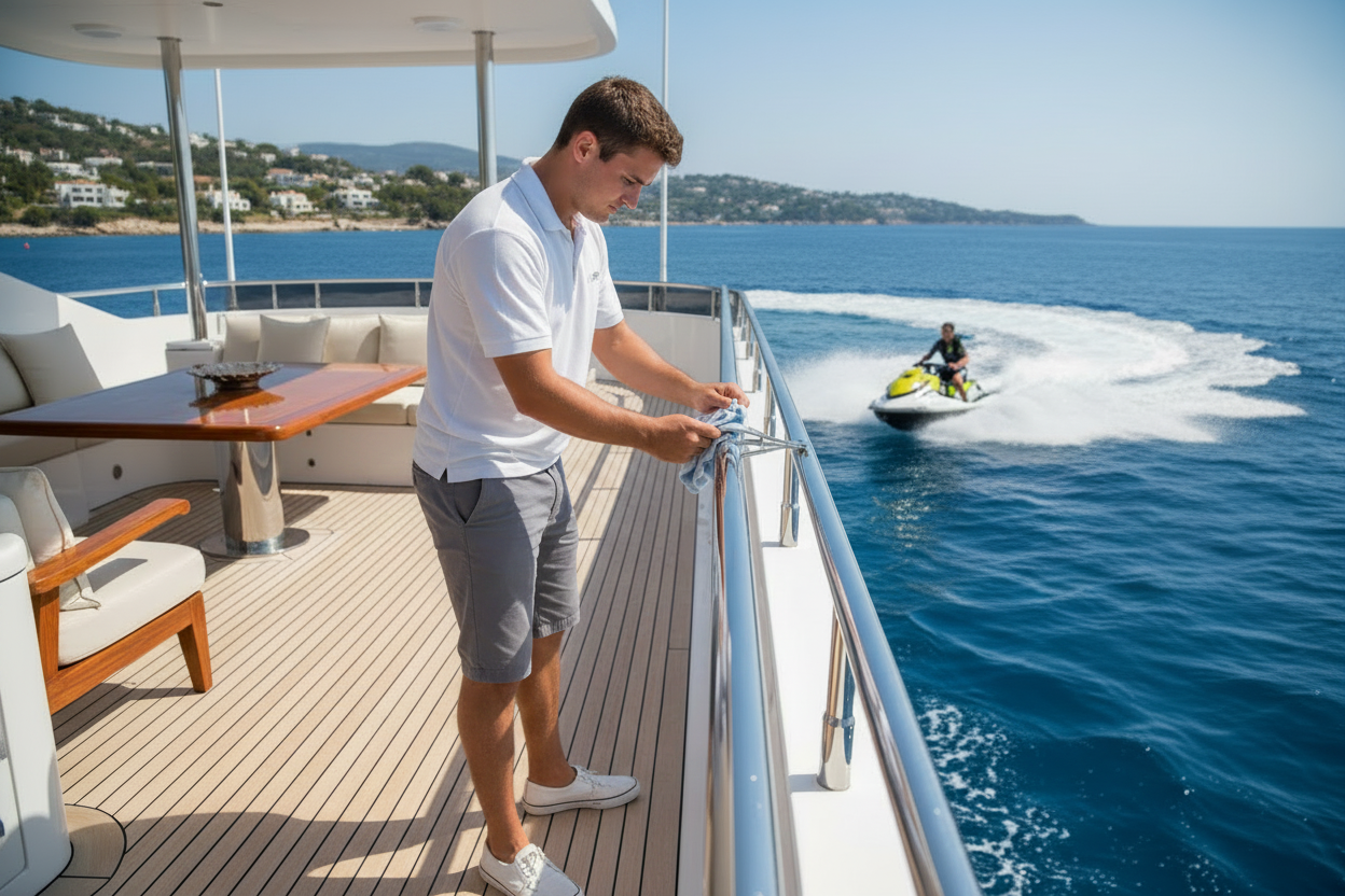 superyacht deckhand working on yachts guests jet ski riding the Med