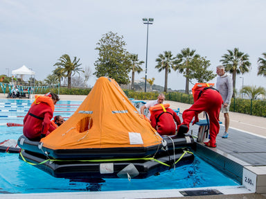 Seascope France students during STCW Updated Proficiency in Personal Survival technqiues course, or sea survival, doing their STCW Refresher training.
